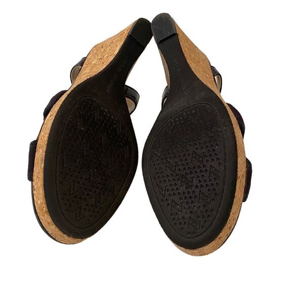 Adrienne Vittadini Black Cloth & Patent Leather Peep Toe Cork Wedge Heels. - Picture 6 of 6